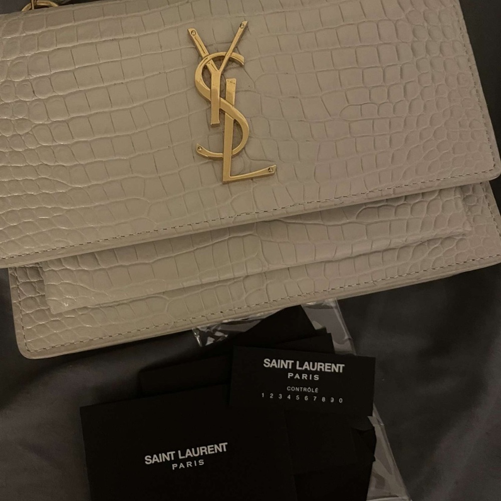 YSL SUNSET CHAIN WALLET in Off-White Crocodile-Embossed Shiny Leather